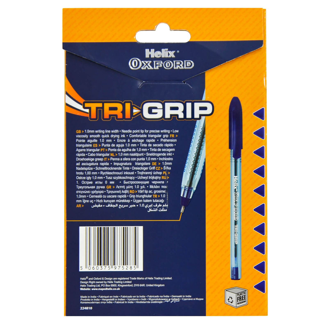 Pack Of 10 Blue Ink Tri-Grip Ball Pens Helix Oxford 1mm Needle Point