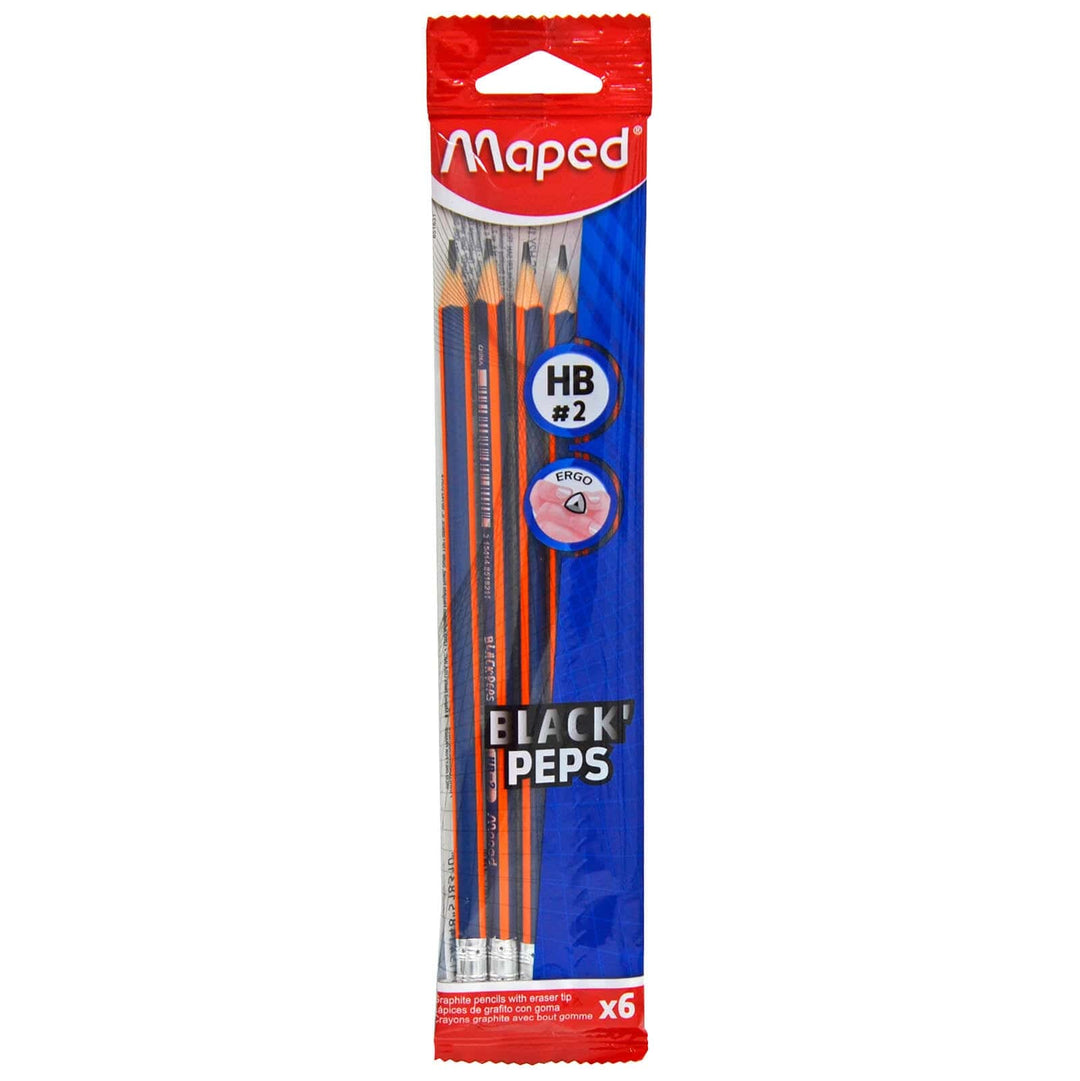 Pack Of 6 HB Graphite Pencils With Eraser Top Maped Black Peps