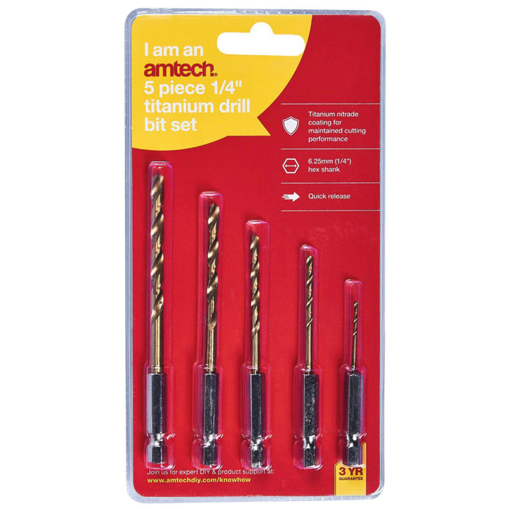 Amtech 5 Piece 1/4" Titanium Drill Bit Set Quick Release