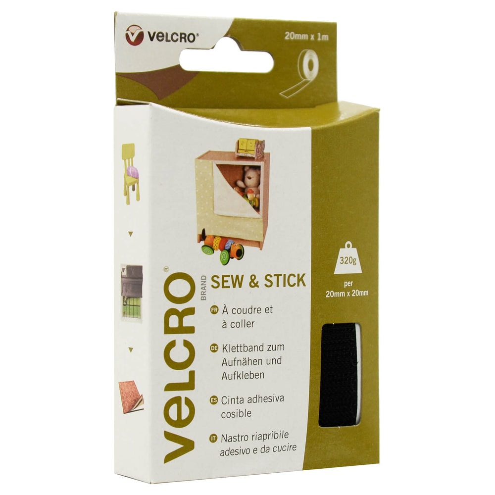 VELCRO® Brand Sew & Stick Tape 20mm x 1m Rolls Cut To Size Black