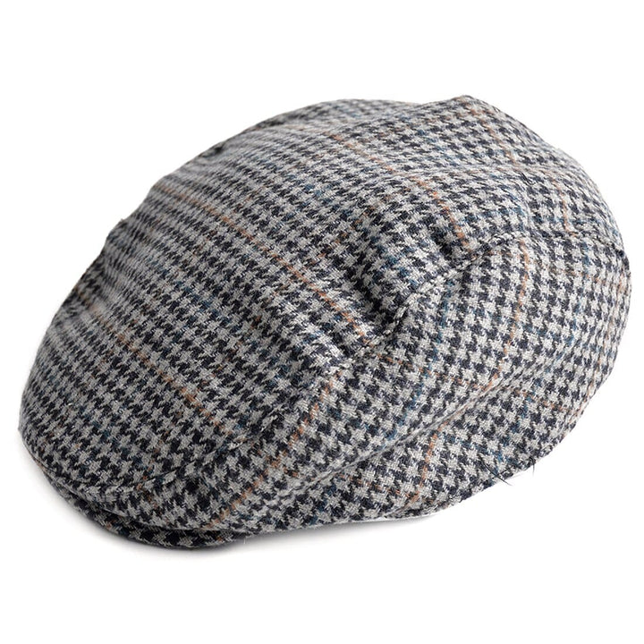 Mens Flat Cap Houndstooth Check Wool Blend Winter Hat Grey / M/L