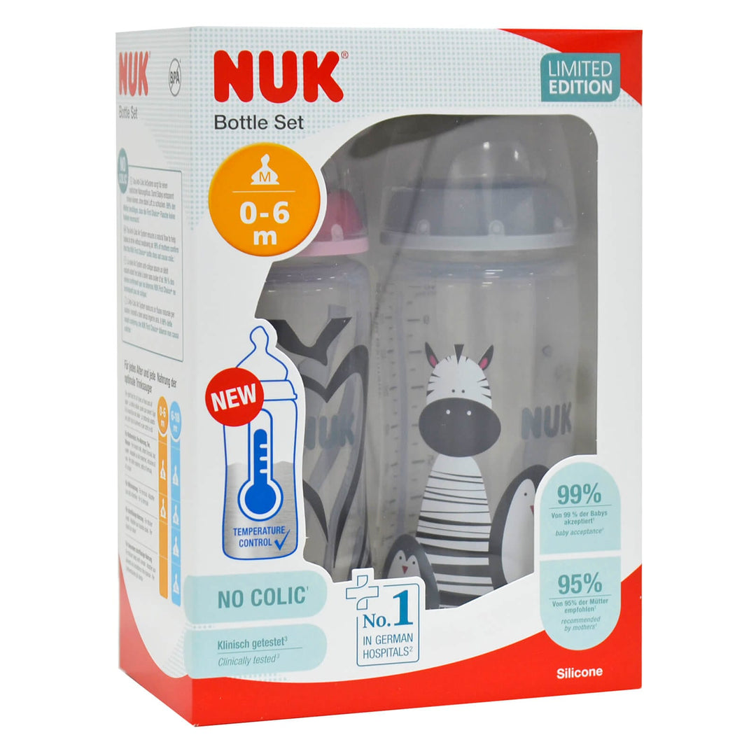 NUK Baby Bottle Set 2 x 300ml Temperature Indicator Animal Design