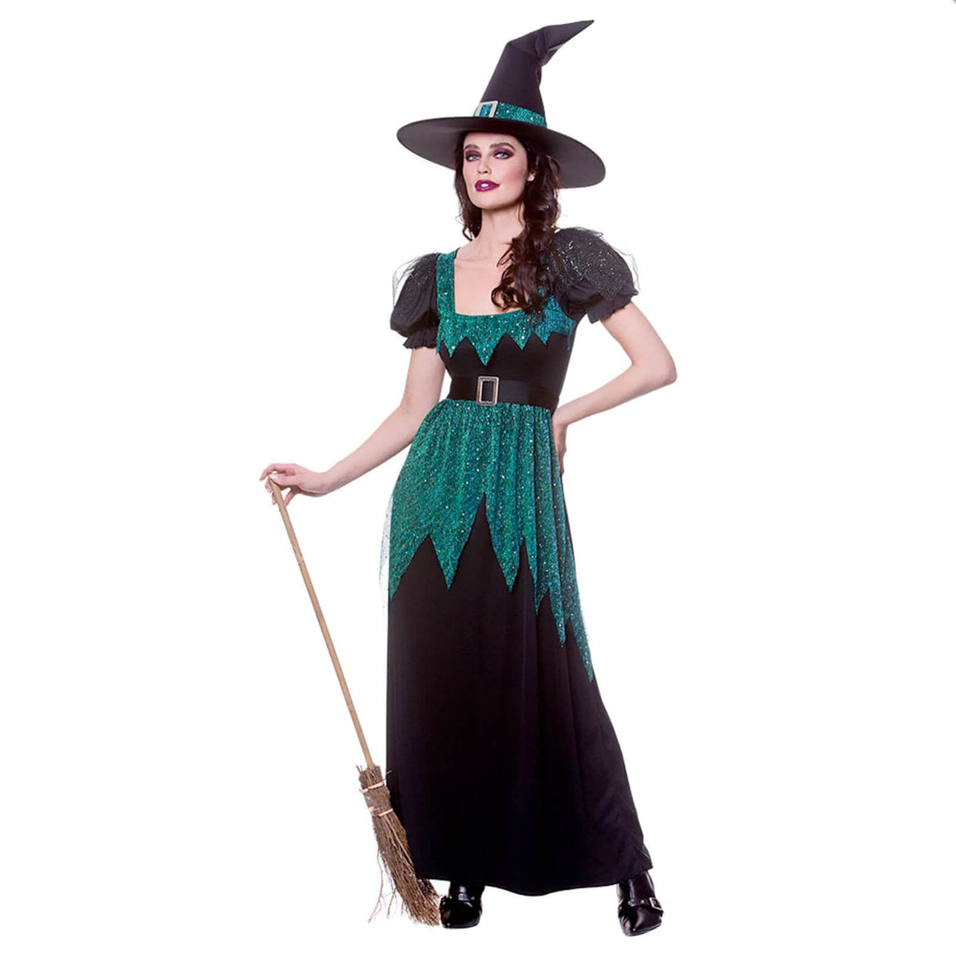 Womens Emerald Witch Costume Sequin Green Black Dress Hat Belt