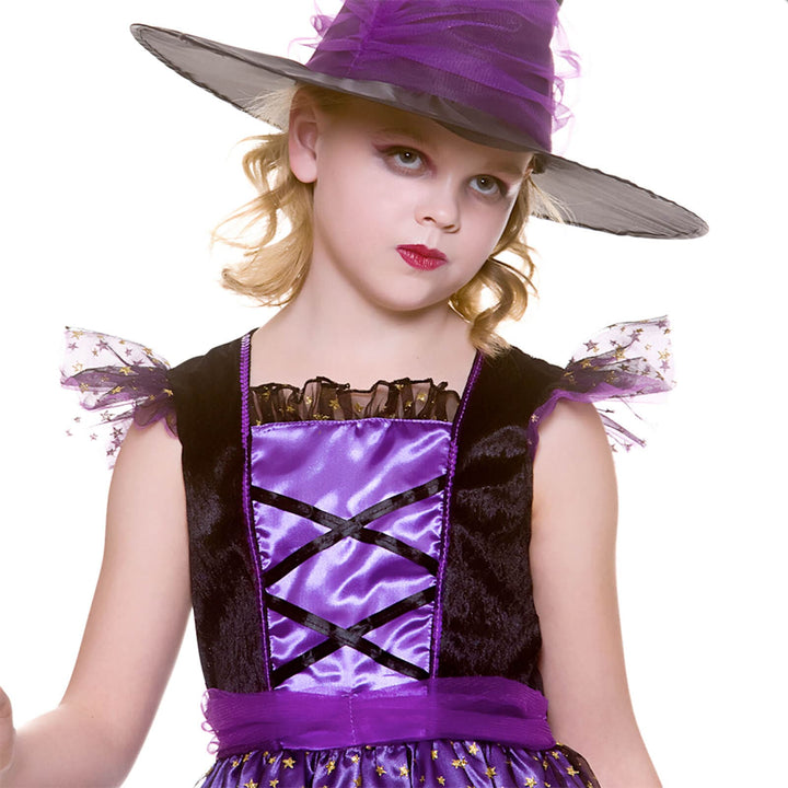 Girls Deluxe Enchanting Witch Costume Black Purple Dress Hat