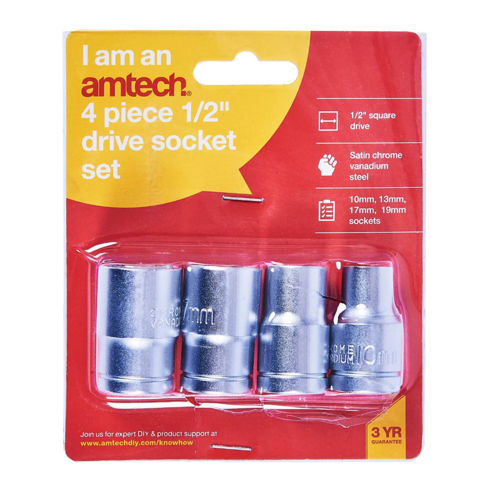 Amtech 4 Piece 1/2" Drive Socket Set Satin Chrome Finish