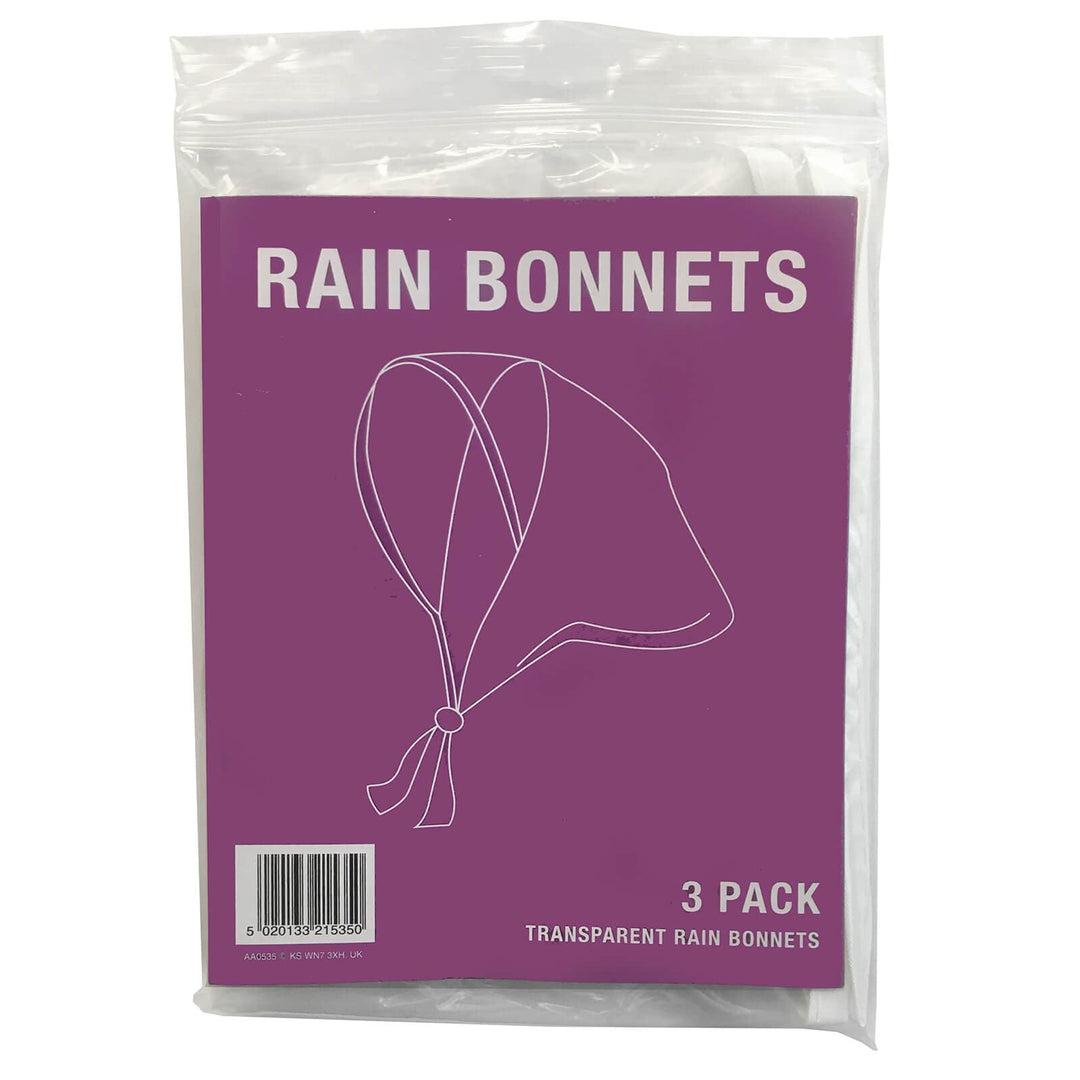 Pack Of 3 Rain Bonnets Transparent Plastic White Trim Head Cover