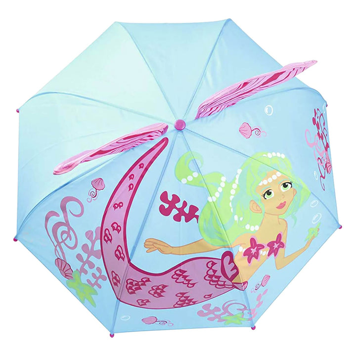 Kids 3D Mermaid Dome Umbrella Pink Crook Handle Tail Fins Top