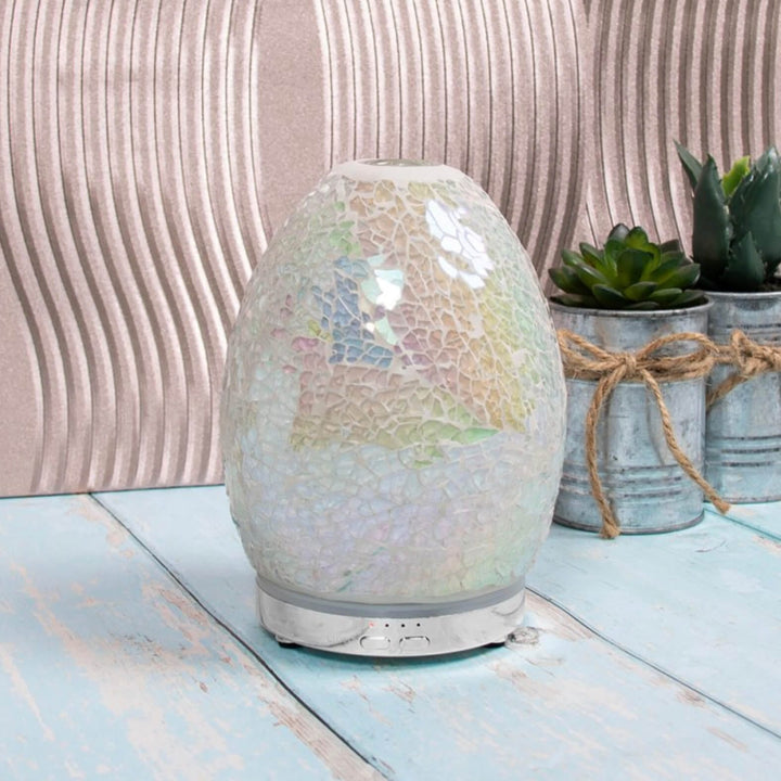 Aroma Humidifier Mosaic Egg Shape Colour Change LED Light 16cm Pearl