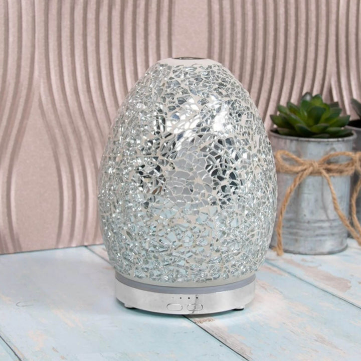 Aroma Humidifier Mosaic Egg Shape Colour Change LED Light 16cm Silver