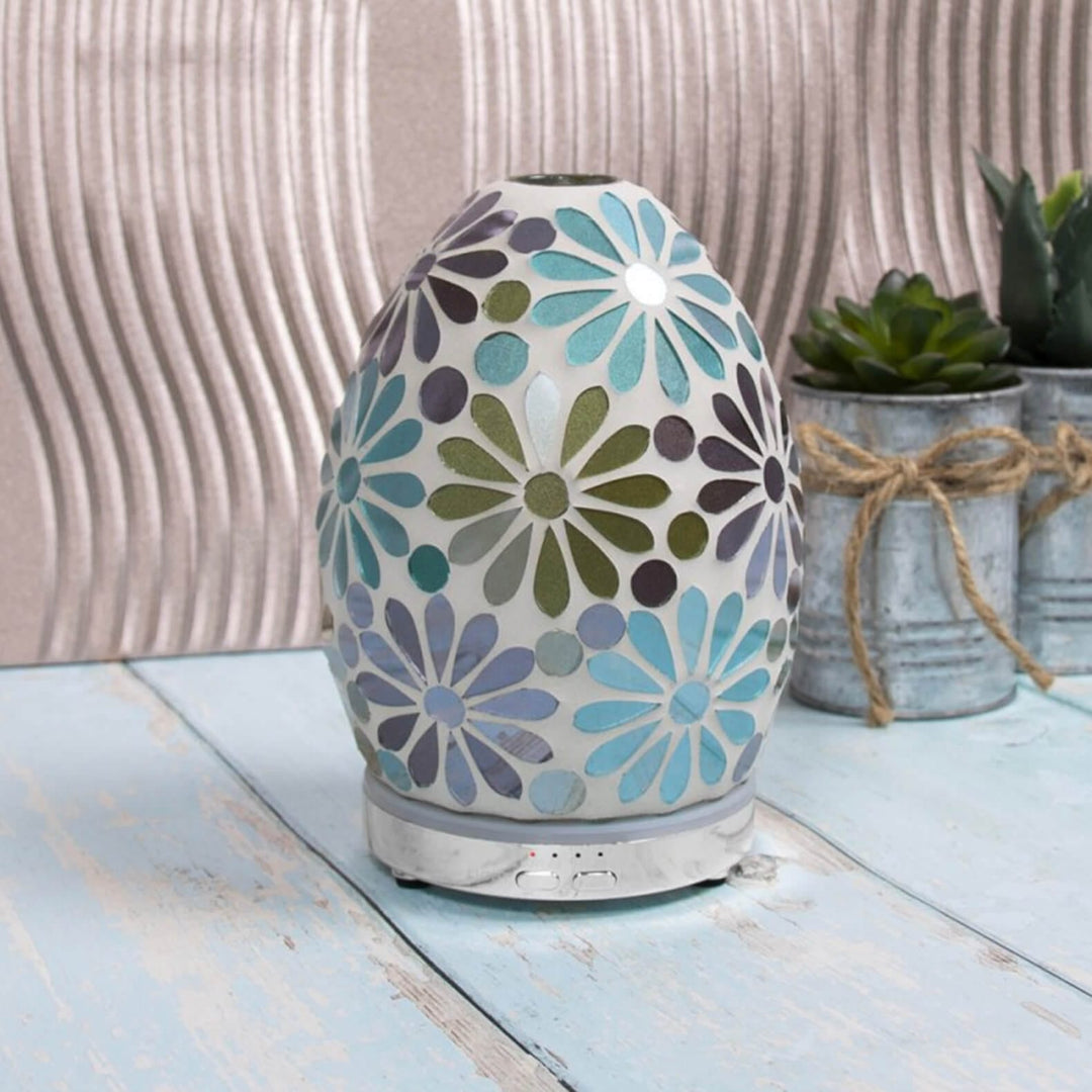 Aroma Humidifier Flower Mosaic Egg Colour Change LED Light 16cm Blue