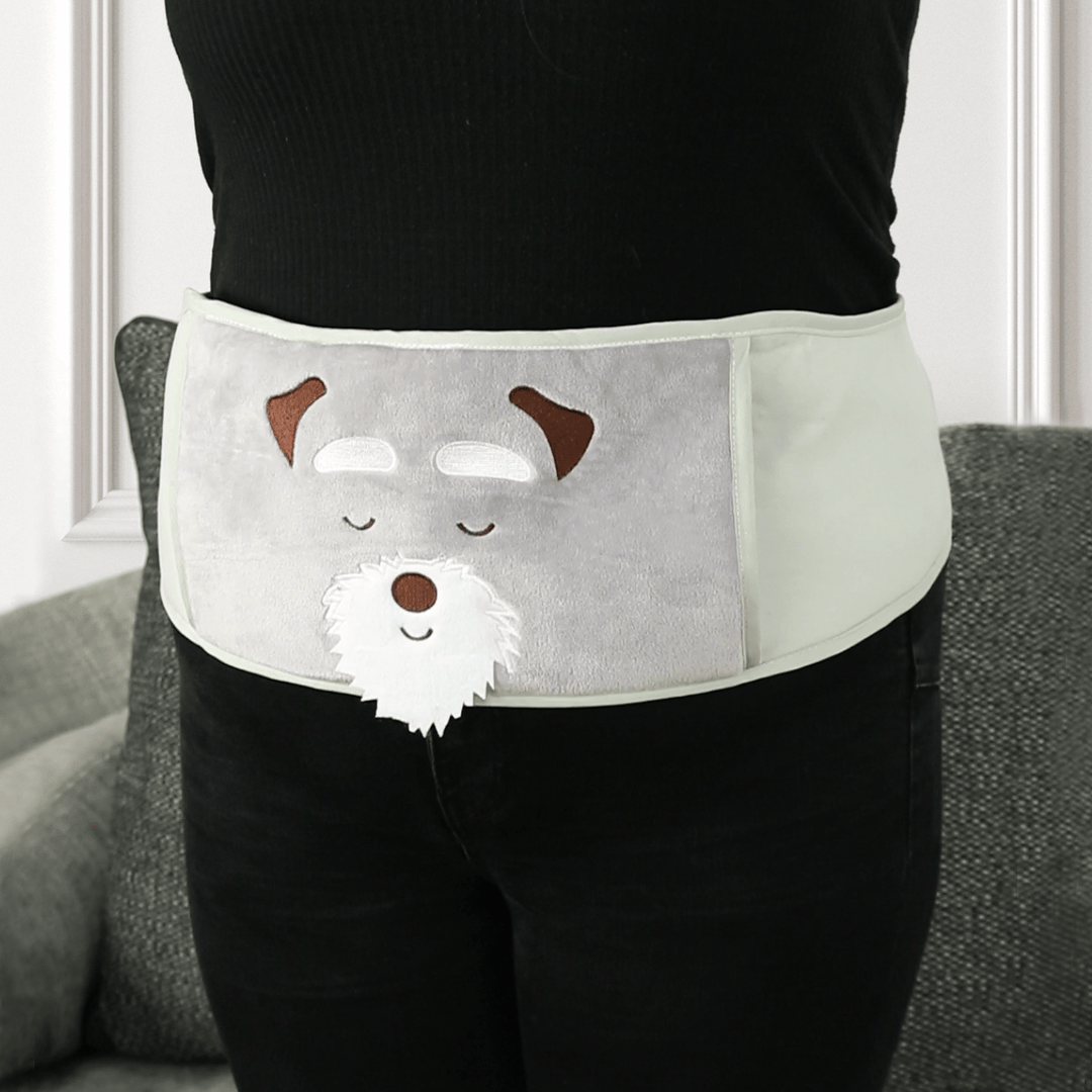 Wearable Hot Water Bottle Wrap Around Belt Pouch Grey Dog