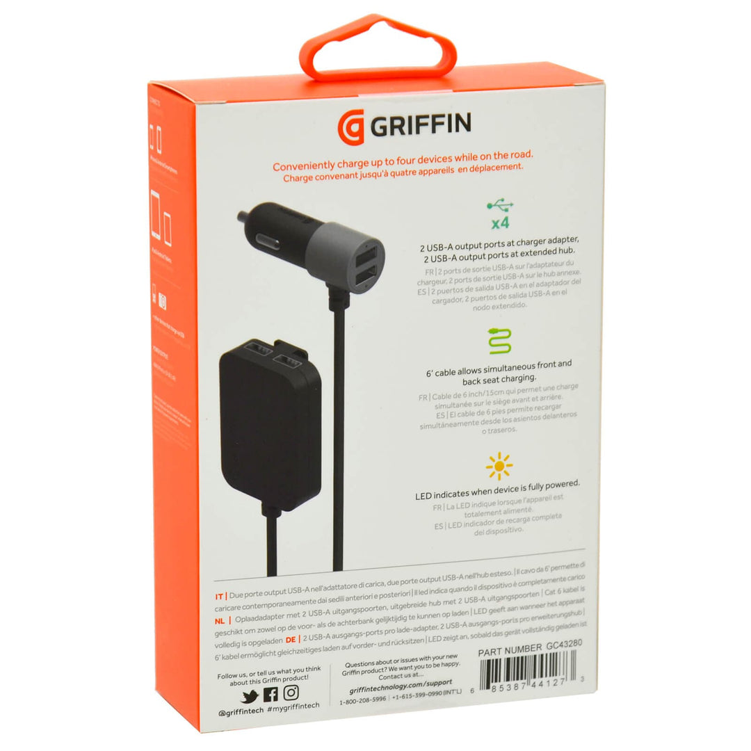 Griffin Car Charger Power Jolt Quad 4 Port USB-A 1.8m Cable