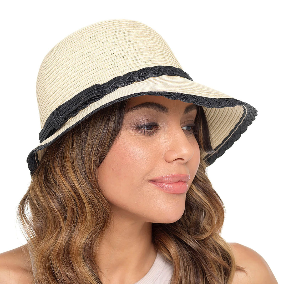 Womens Cloche Hat Braid Trim Bow Paper Straw Summer Beach Black / S/M