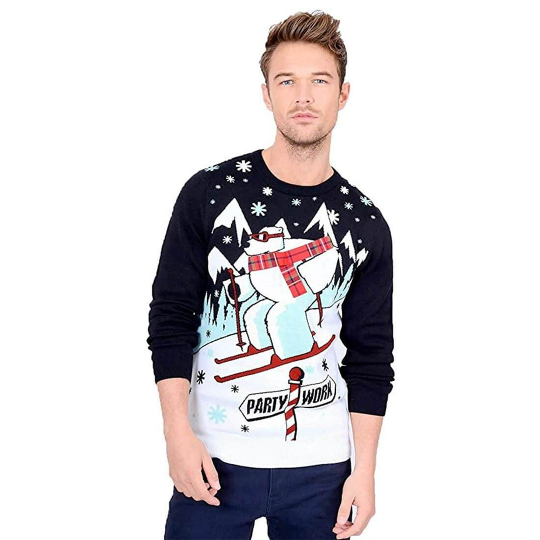 Mens Skiing Polar Bear Christmas Jumper Party Work Dark Navy S