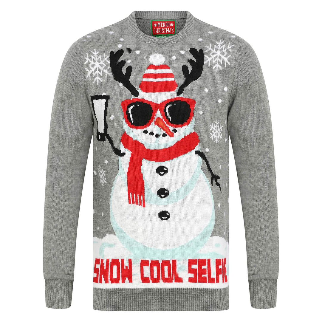 Mens Snowman Christmas Jumper Snow Cool Selfie Grey / S