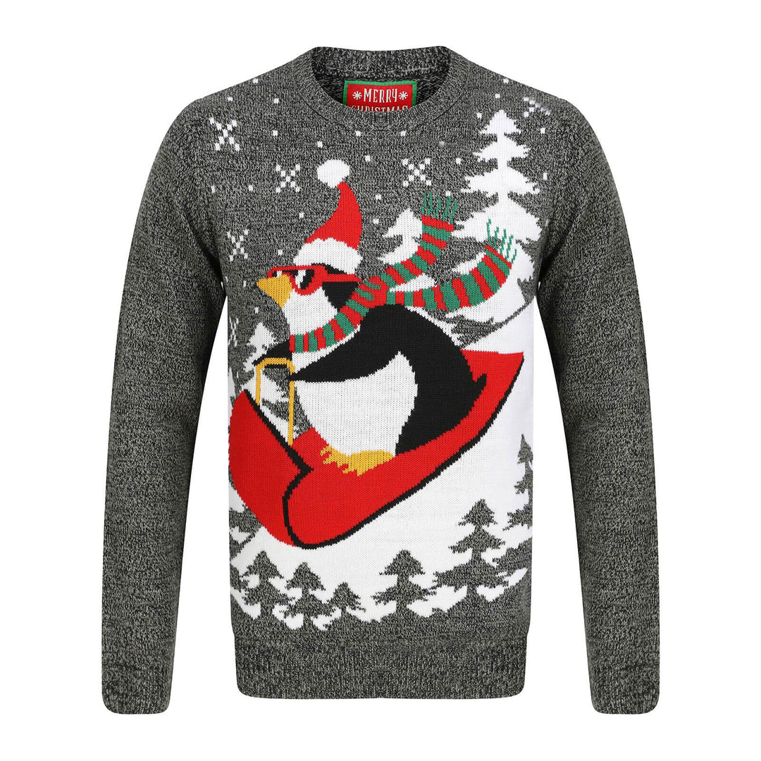 Mens Penguin Christmas Jumper With Red Sledge Grey / S