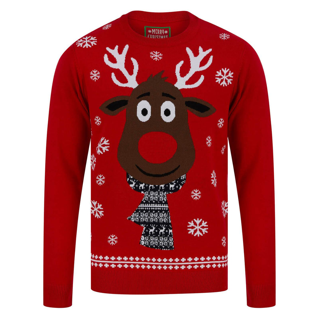 Mens Festive Scarf Rudolph Reindeer Christmas Jumper Red / S