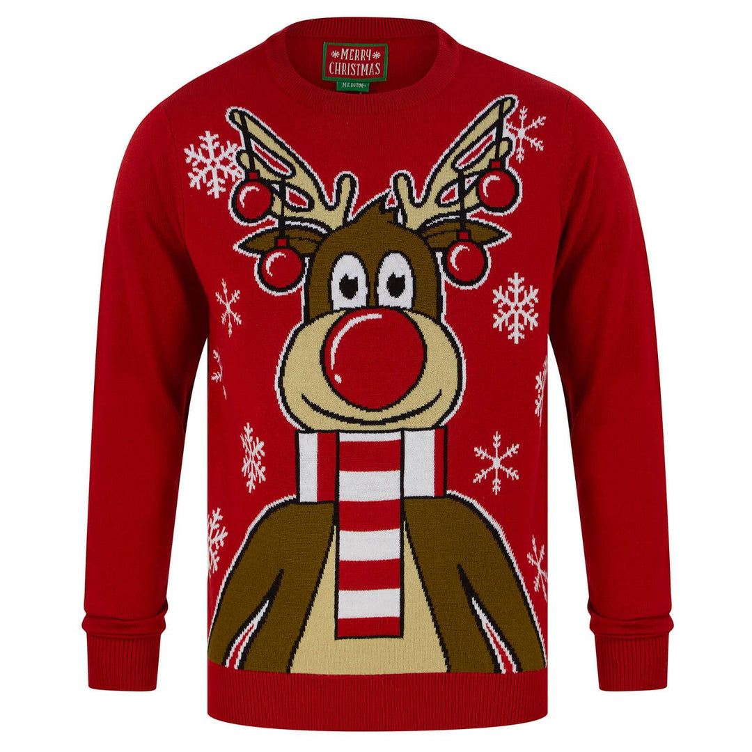 Mens Christmas Jumper Festive Rudolph With Scarf Red / S