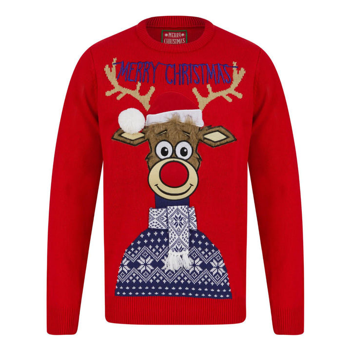 Mens Classic Rudolph Faux Fur Christmas Jumper 3D Pom Pom Red / S