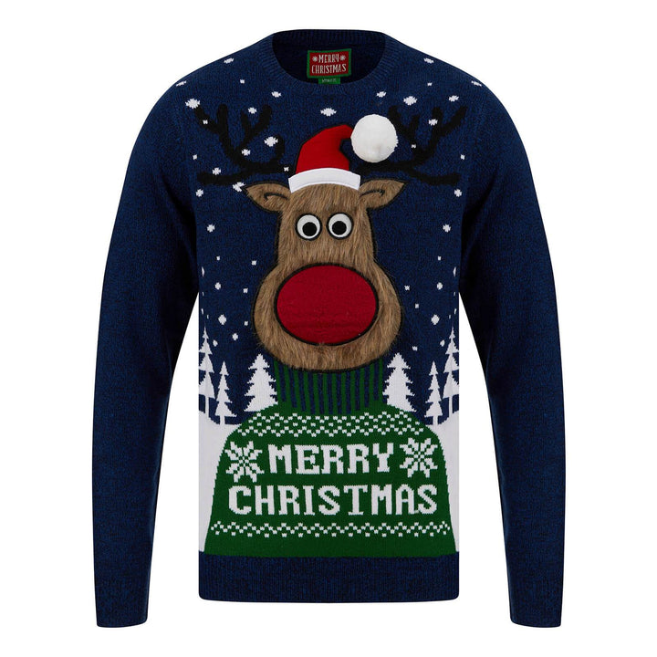 Mens Merry Reindeer Fluffy Rudolph Christmas Jumper Ink & Sapphire / S