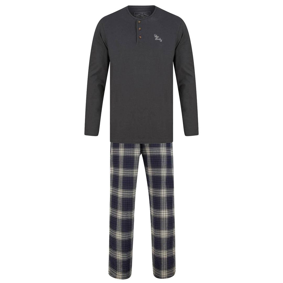 Mens Lounge Set PJs Long Sleeve Top Checked Trousers Cotton Grey / S