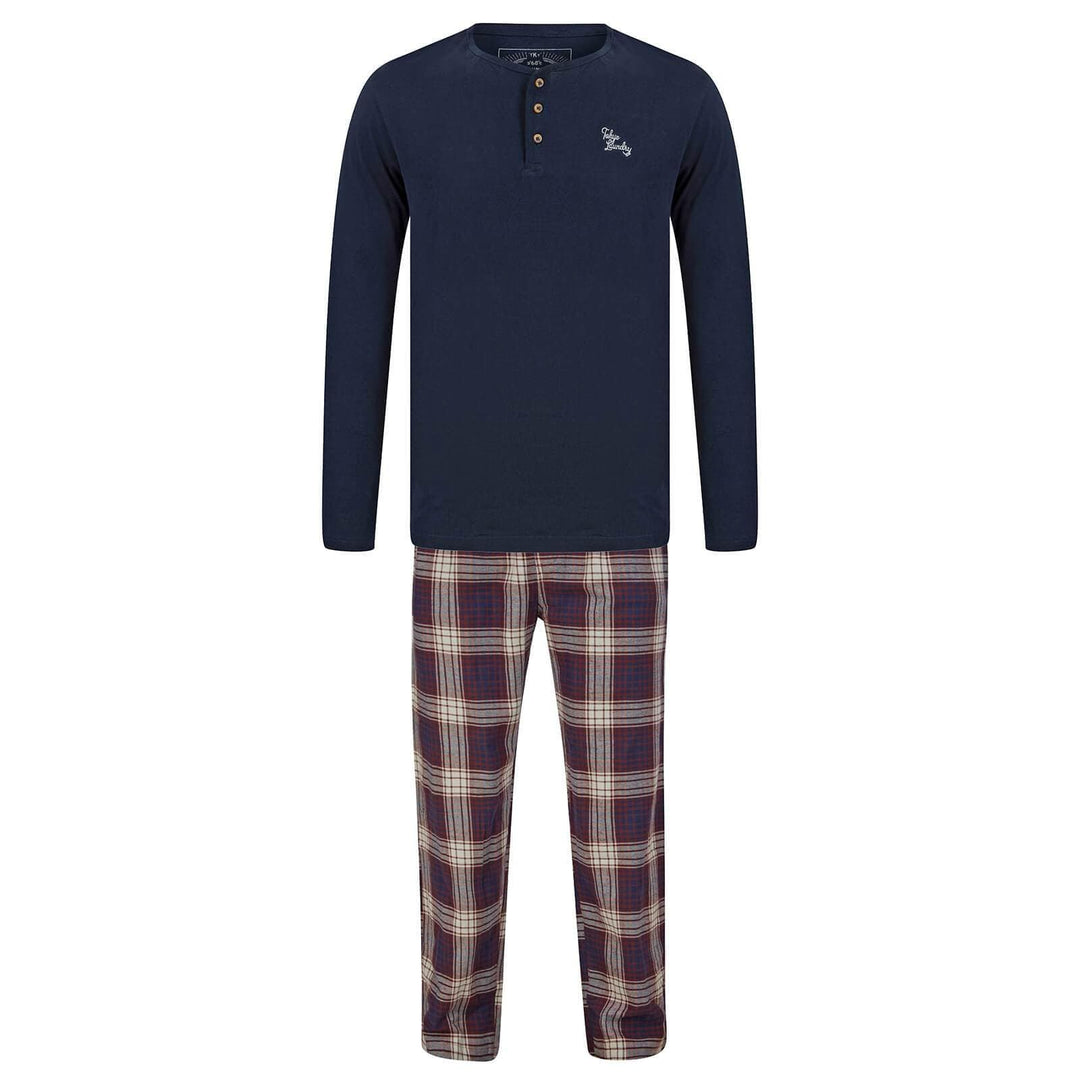 Mens Lounge Set PJs Long Sleeve Top Checked Trousers Cotton Navy / S