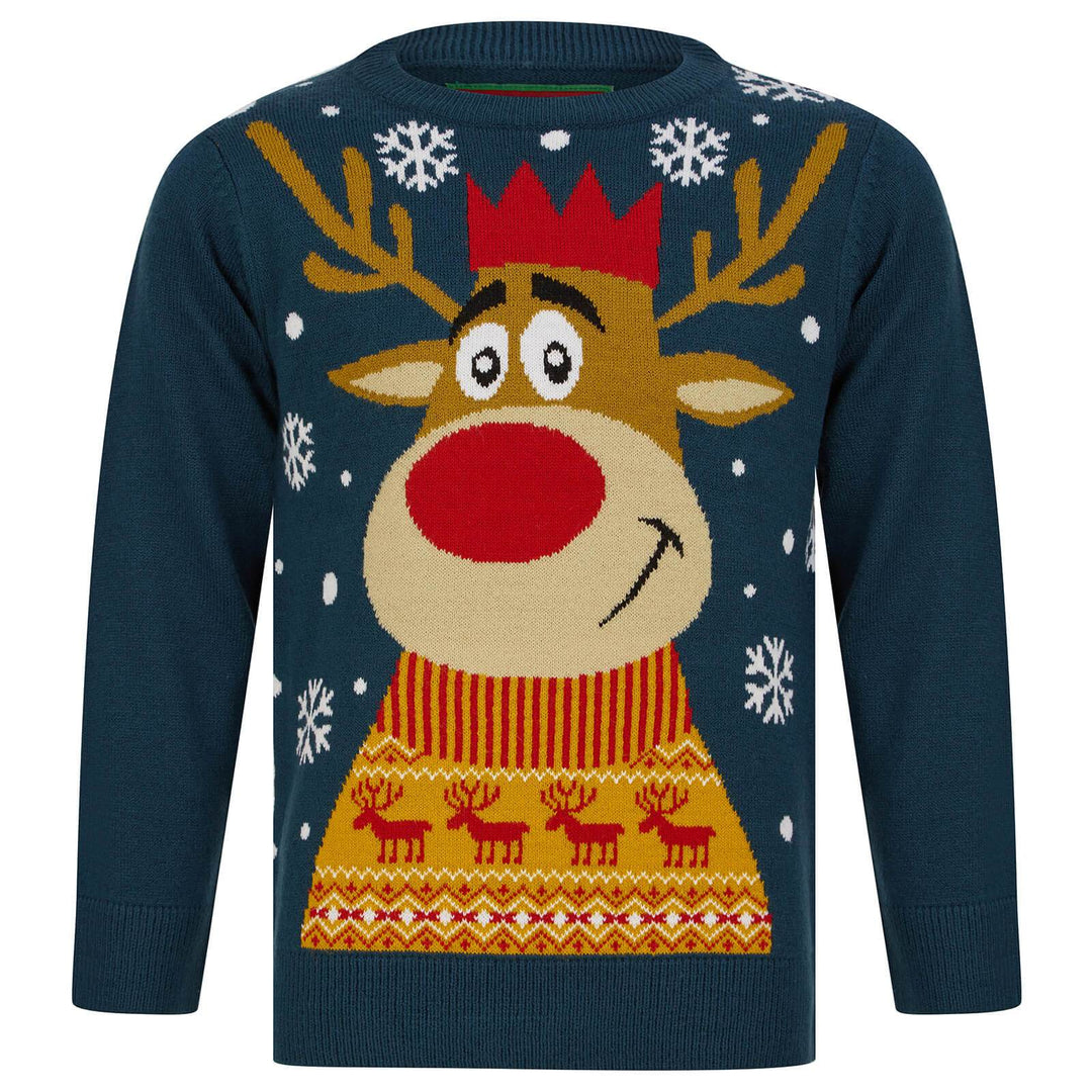 Kids Christmas Jumper Smiling Reindeer Snowflakes Fair Isle Teal / 4-5