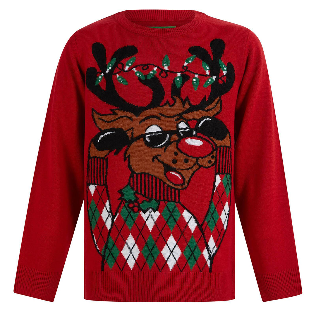 Kids Reindeer Christmas Jumper Cool Sunglasses Rudolph George Red / 4-5