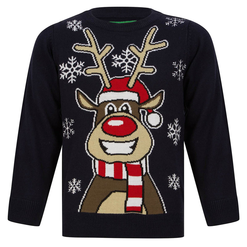 Kids Happy Reindeer Christmas Jumper Snow Rudolph Red Black Ink / 4-5