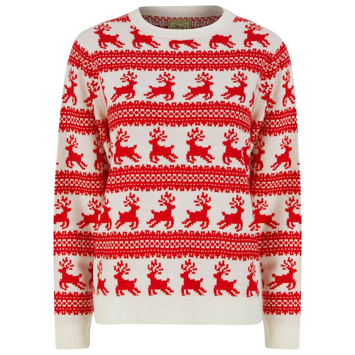 Womens Traditional Christmas Jumper Leaping Reindeer Red Gardenia / 10