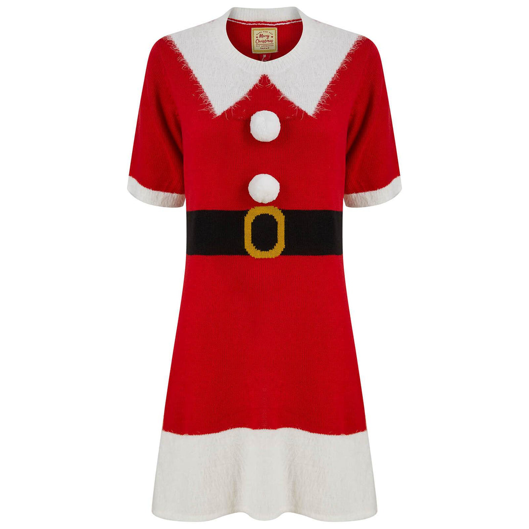 Womens Mrs Claus Santa Jumper Dress 3D Pom Pom Buttons S