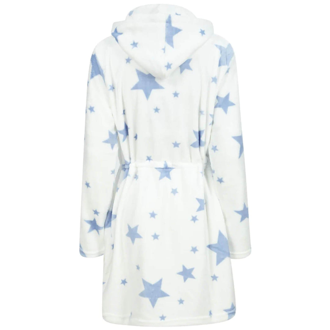 Womens Dressing Gown With Hood Zip Front Fleece Robe Stars