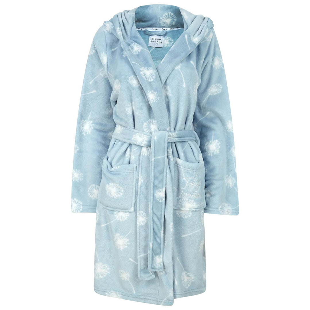 Womens Hooded Dressing Gown Dandelion Blue Soft Fleece Robe