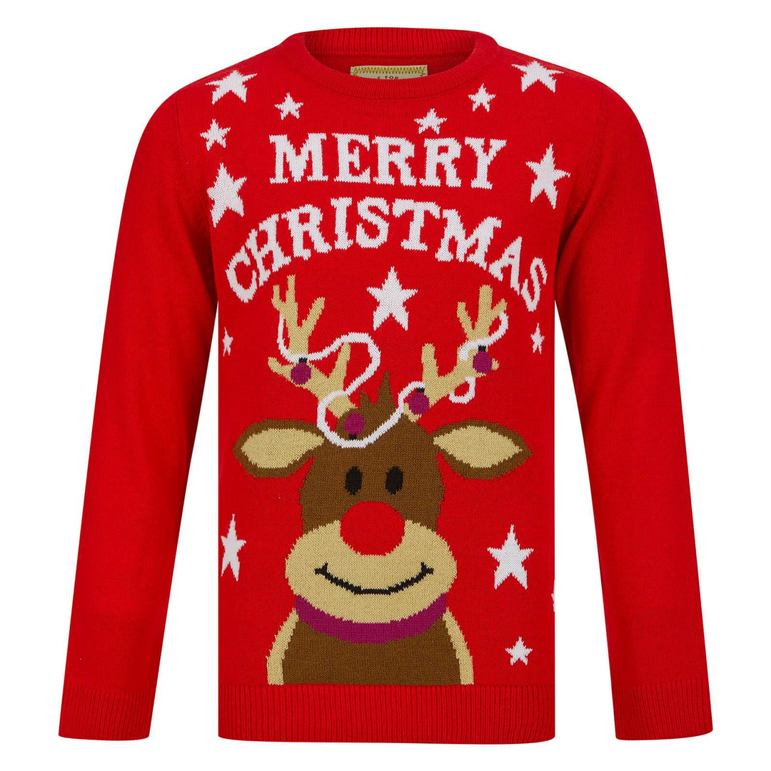 Kids Tangled Reindeer Christmas Jumper Red Rudolph Stars 4-5