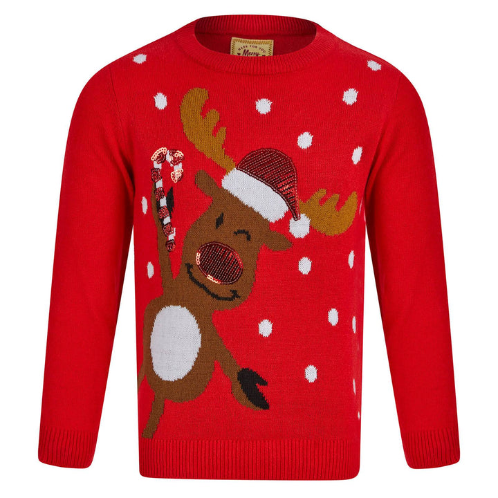 Kids Peeking Reindeer Christmas Jumper Rudolph Red Sequins 4-5