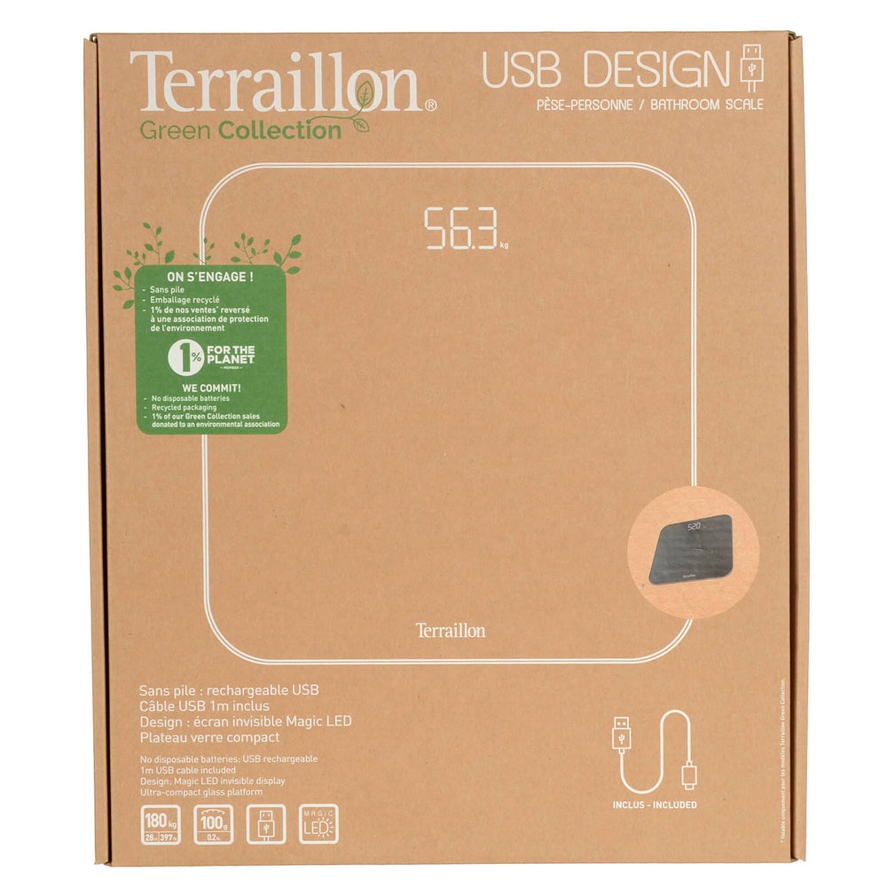 Terraillon Bathroom Scales USB Rechargeable LED Display 180kg