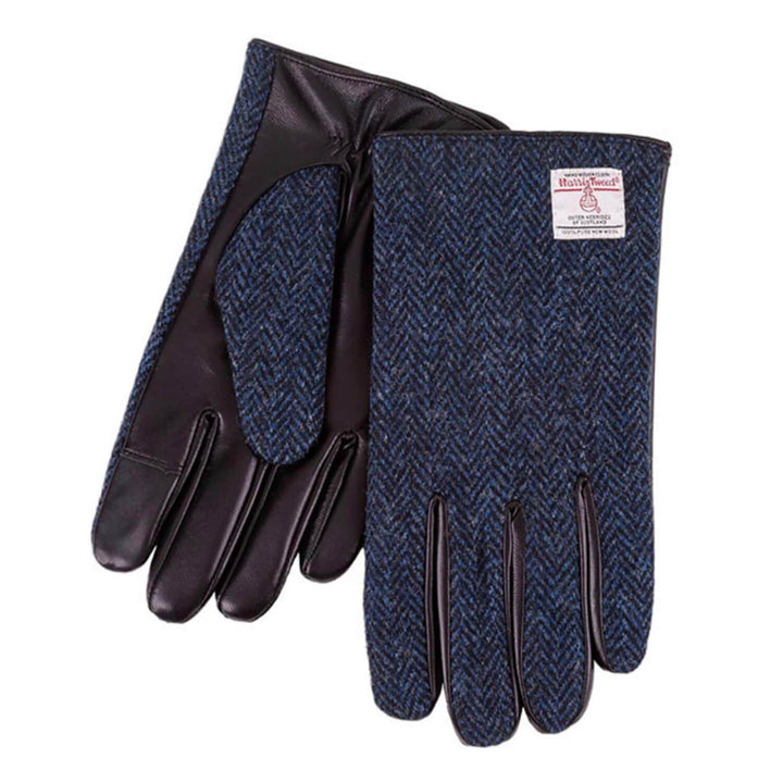 Mens Totes Harris Tweed Real Leather Gloves Navy Black S/M