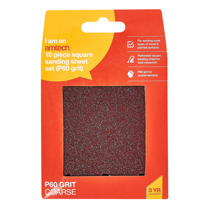 Amtech 10 Piece Square Sanding Sheet Set P60 Grit