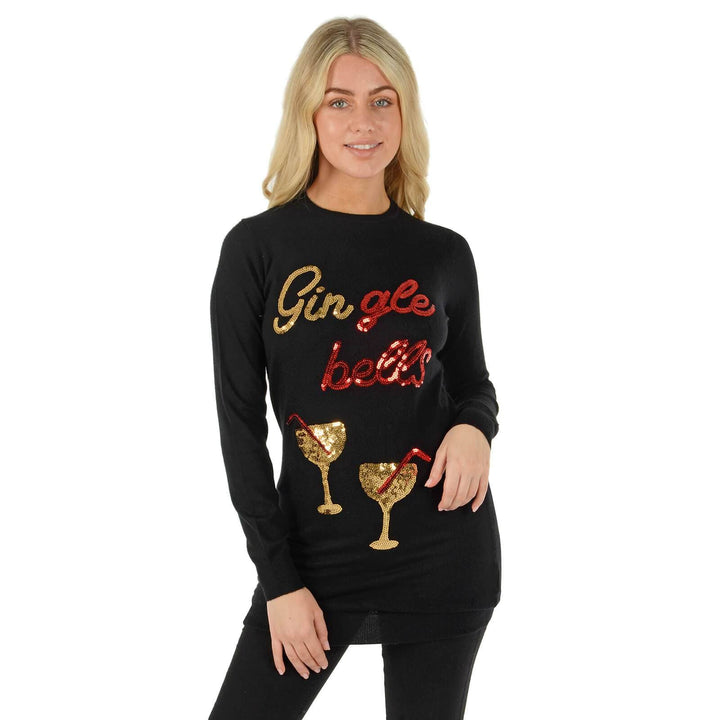 Womens Christmas Jumper Gingle Bells Cocktails Sequins Black / 8