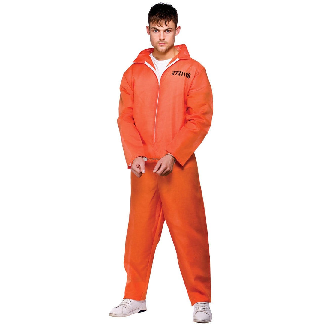 Mens Orange Convict Jumpsuit Fancy Dress Halloween L