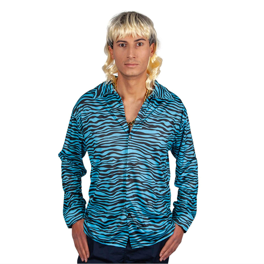 Mens Exotic Tiger Shirt Blue Black Animal Print Fancy Dress S