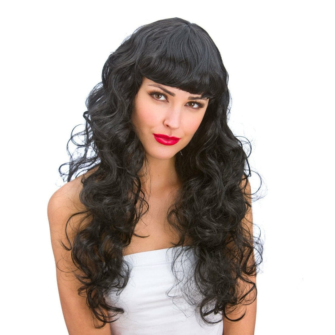 Womens Black Foxy Long Curly Wig Halloween Party Accessory XS Stock