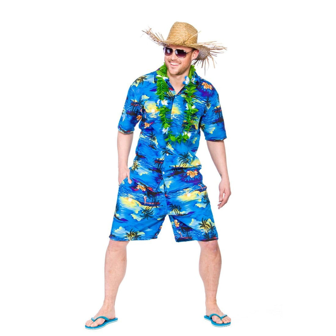 Blue Palm Hawaiian Party Guy Luau  Shirt Shorts Fancy Dress L