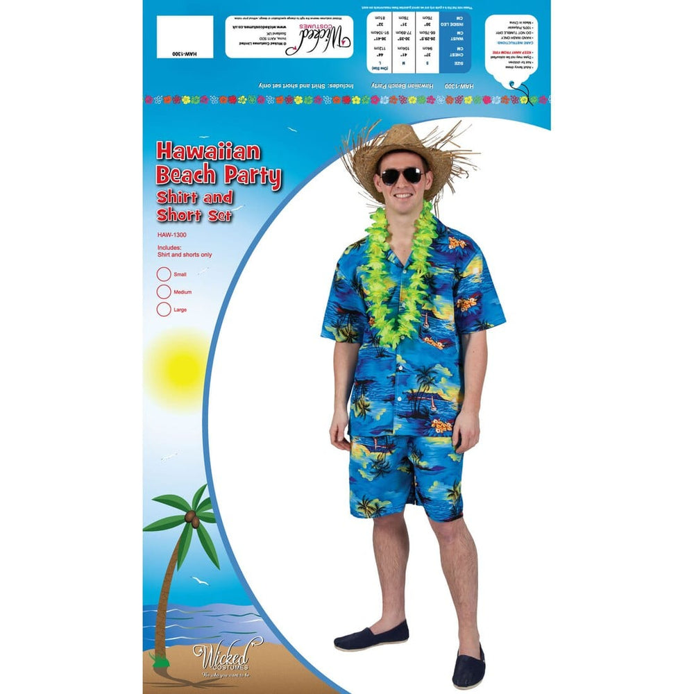 Blue Palm Hawaiian Party Guy Luau  Shirt Shorts Fancy Dress