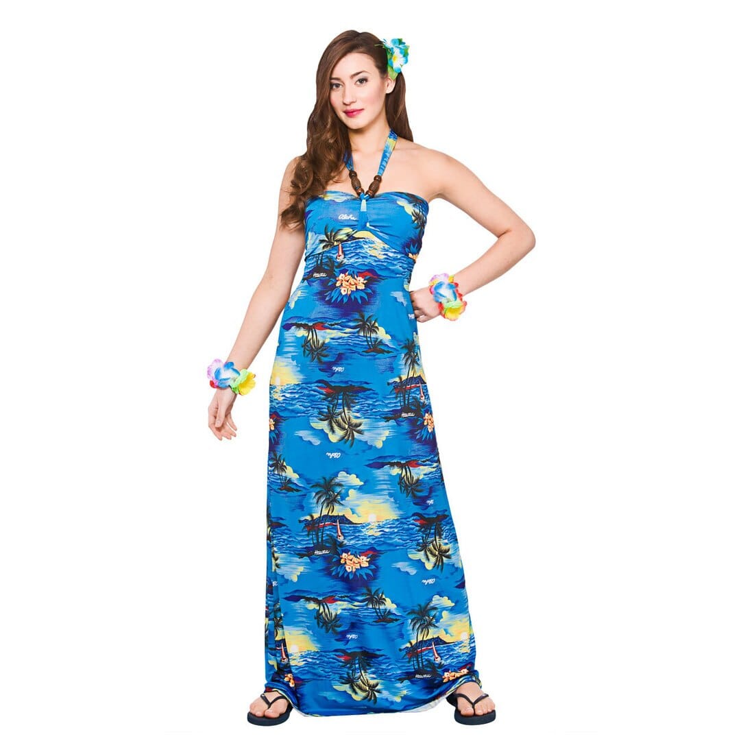 Ladies Hawaiian Dress Blue with Sunset and Palm Tree Design Maxi Style XS Stock