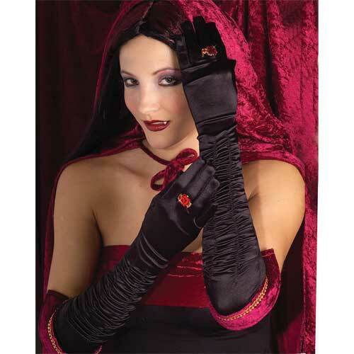 Long Black Satin Style Gloves Gothic Fancy Dress Costume XS Stock