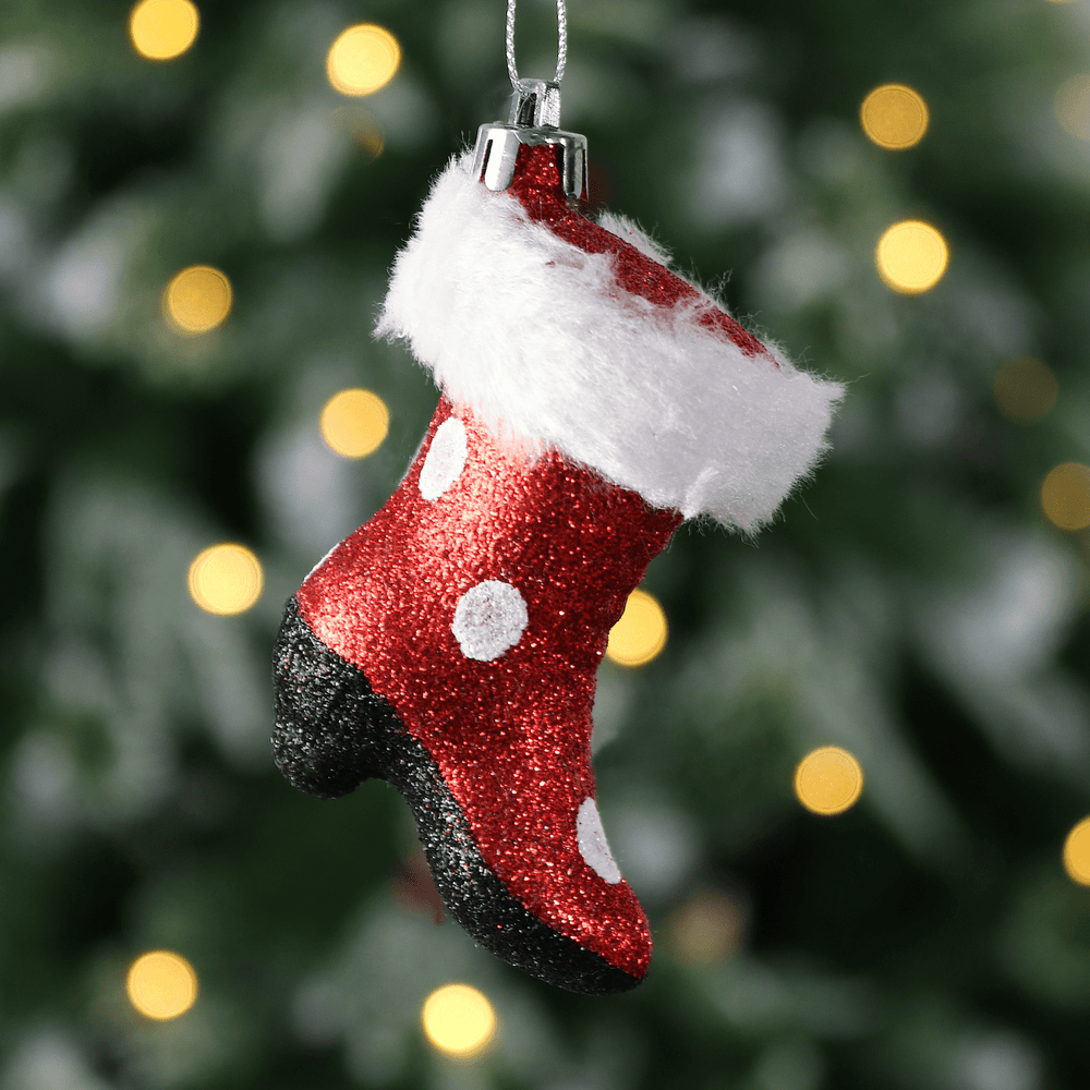 Red Glittery Womens Boot With Furry Trim Hanging Decoration