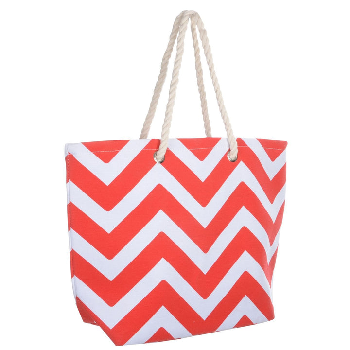 Womens Chevron Canvas Beach Shoulder Bag Shopping Tote Red