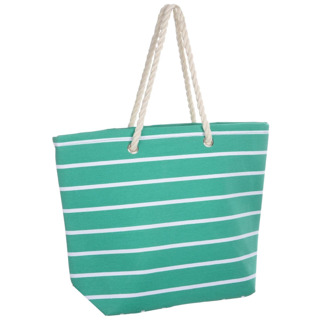 Womens Striped Canvas Beach Shoulder Bag Shopping Tote Green