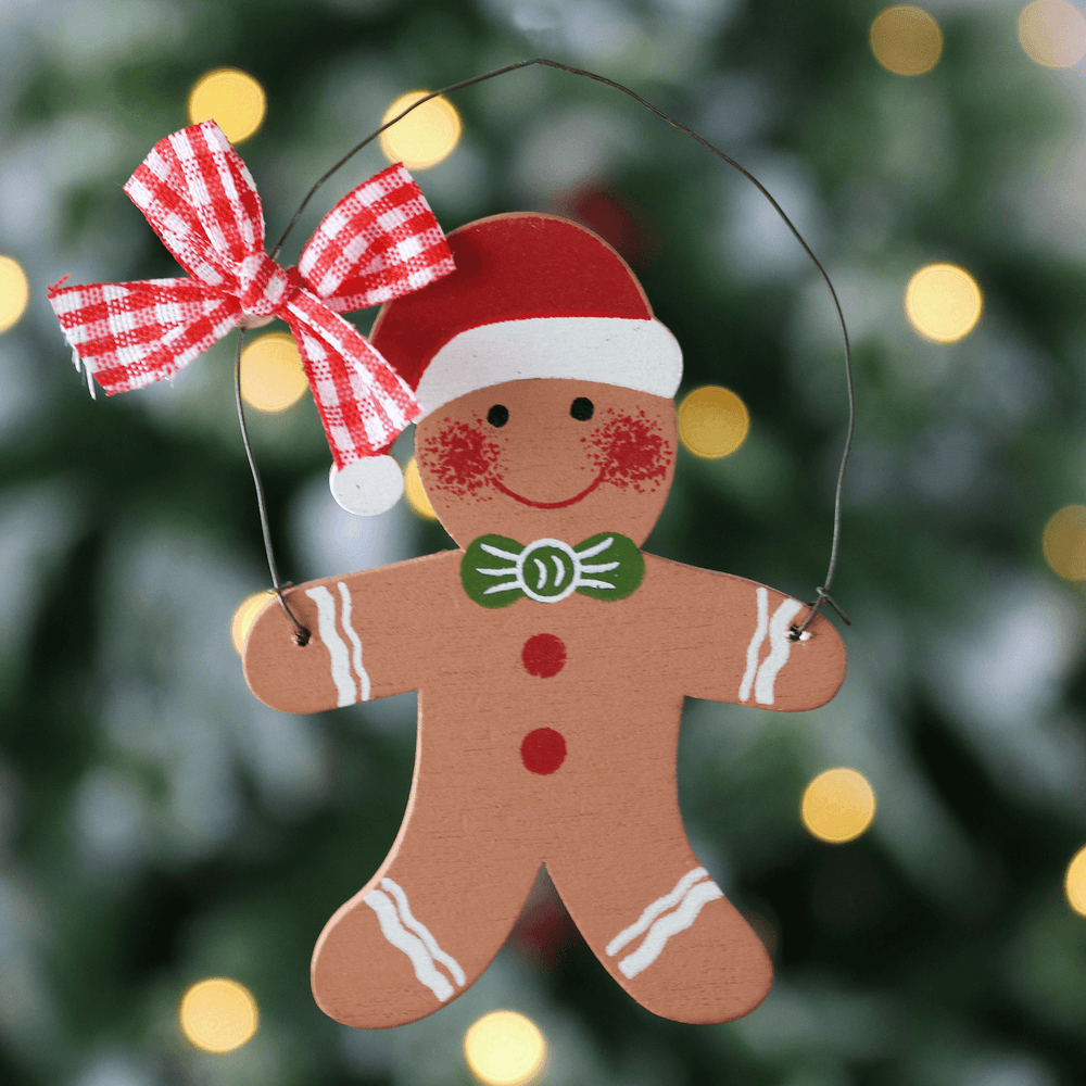 Set Of 6 Gingerbread Man Xmas Tree Decorations Wooden Boxed